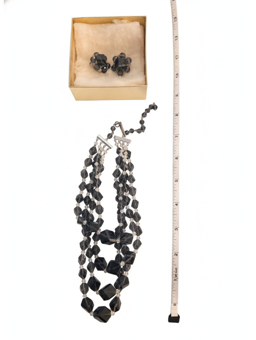 Vintage Black Beaded Multi-Strand Necklace with Matching Clip Earrings Set
